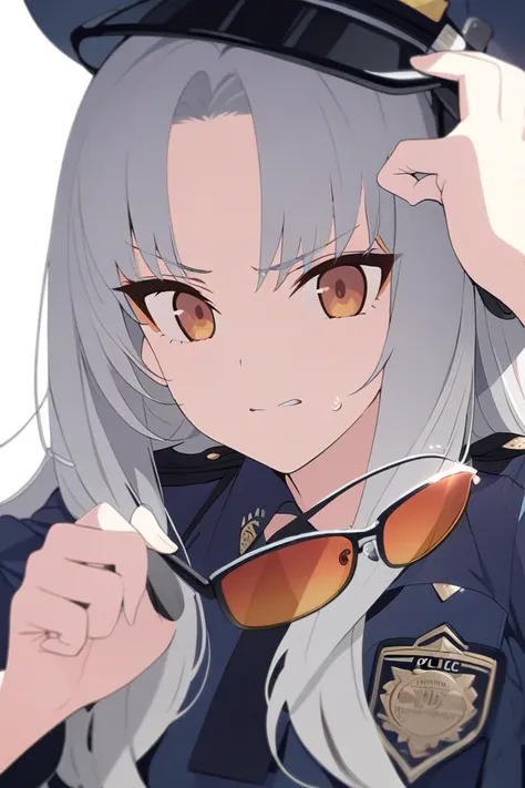 (Masterpiece,  High Quality , 最 High Quality ,  high resolution,)Long gray hair 、 orange eyes、Straight face、Girl in police officer clothes、Hold a gun、 simple white background、Hang sunglasses on your forehead