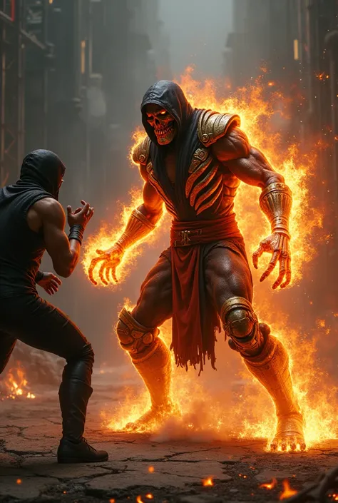 Create Scorpion from Mortal Kombat on fire and punch sub-zero in the face 