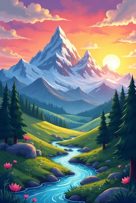 beautiful scenery in the mountains at sunset, in stile cartoon 