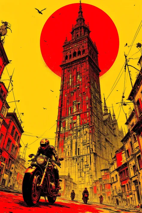  motorcycle drawing of the city of Toledo based on red and yellow colors , looters ride motorbikes ,Toledo Cathedral ,  The structure of the bell tower has 4 floors with a square bottom、 shape with an octagonal spire on it , Gothic Architecture , Mudejar S...