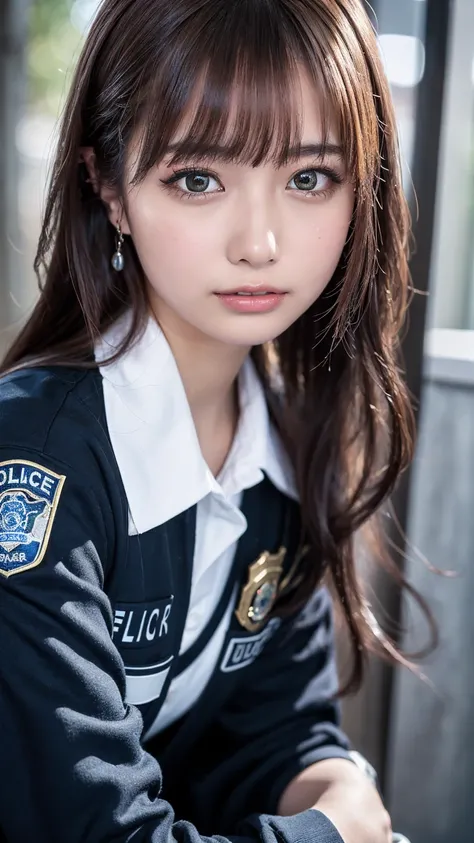 ((masterpiece,  best quality ,  high resolution,  Ultra Fine)),  Japanese high school girl in a bold position,( is present:1.5)、 smiles、great face、 Closed Mouth、 sharp mouth、Glossy Lips 、 long hair,( beautiful brown hair:1.5)、Police Officer,(Police Officer...