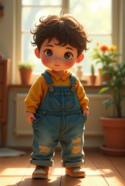 A boy putting on his mother's overalls