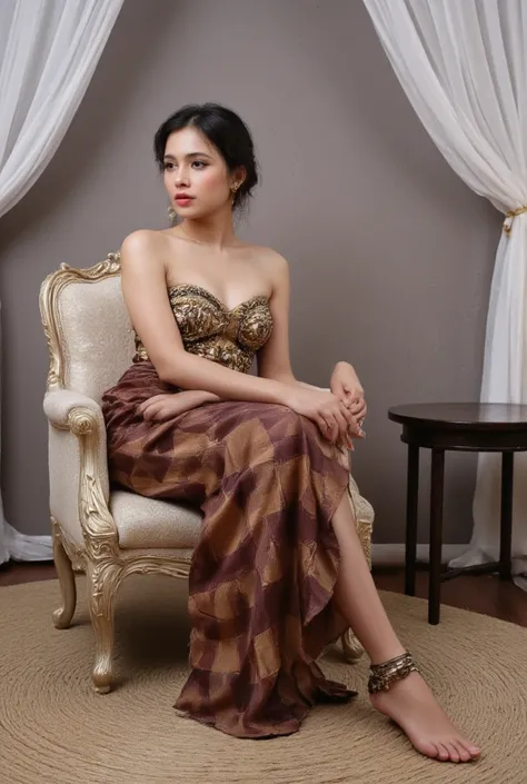 Full shot of a woman seated in a chair, wearing traditional Thai clothing. 


The woman is light-skinned with dark hair styled in a bun. She is seated in a light beige/cream colored, ornate chair with visible carvings. Her posture is relaxed, and she is lo...