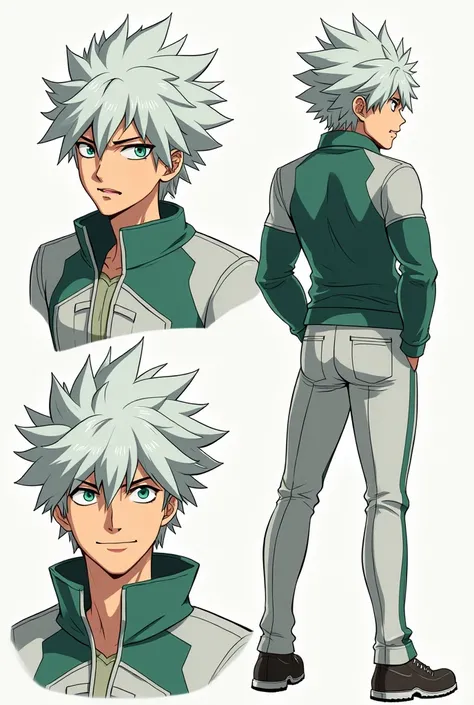  male, My hero academia style, attractive feature, spiky silver hair, bright green eyes, lean, ripped body, UA uniform, 2d anime, face angles from front, side, back, 3/4 view, character sheet