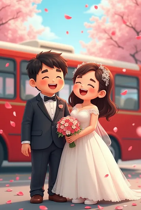 Two newlyweds, the chubby bride, the brown groom and a red bus in the back anime style 