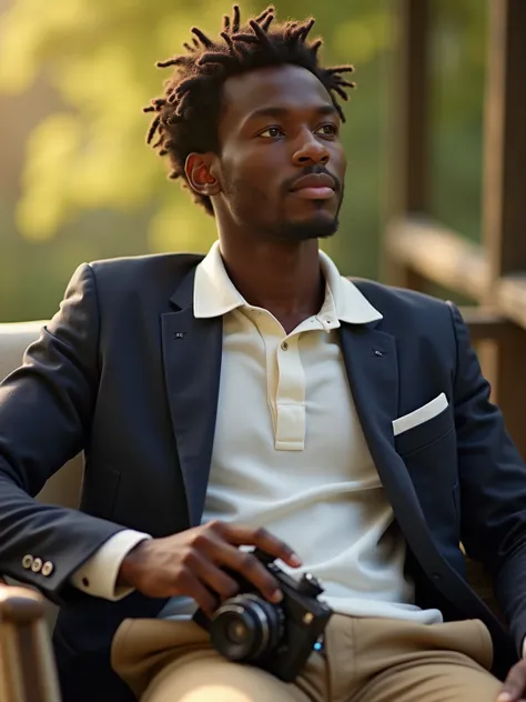 High Quality Photorealistic Portrait of a young black man, his gaze reflecting a quiet confidence that comes from knowing his own style. He lounges on a sun-drenched porch, a vintage record player spinning a soulful tune in the background. He's dressed in ...