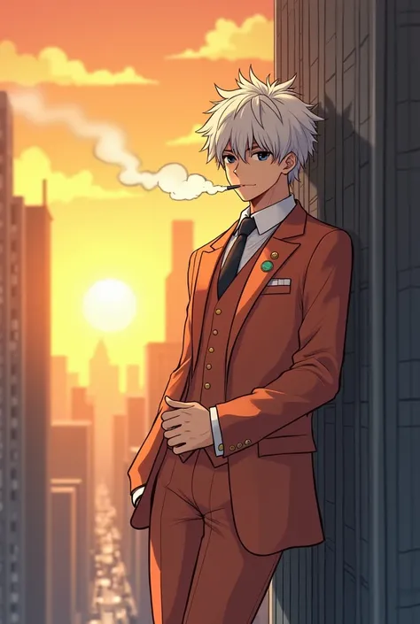 The cute anime picture shows a man in a bright suit, the edges of the suit are golden, black eyes, white hair, leaning on a tall building, smoking on a high building. In the middle of the city, the golden sun is shining, the wind is blowing gently, cool.