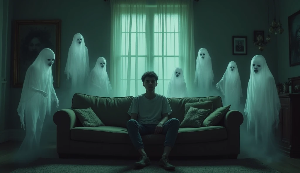 A dimly lit living room interior. In the center, a person sits on a couch, looking relaxed and unaware. Surrounding the person, translucent, ethereal spirits of various forms and expressions fill the room. Some spirits hover near the ceiling, others stand ...