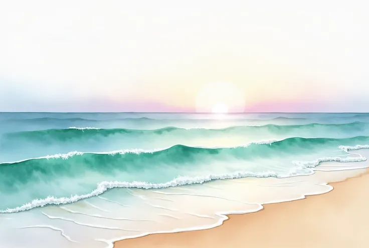 Subtle and ethereal watercolor painting of a beach with the sea at sunset, in shades of aqua green and lilac