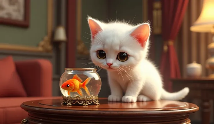 masterpiece, ( best quality ), 8k,((( tall Highly detailed ))) white cat baby、big round eyes、 ３d、２Head to Body、Aiming for the goldfish in the goldfish bowl in the room