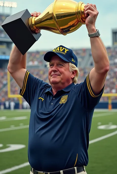 Donald Trump as the navy head football coach holding the college football playoff trophy