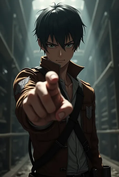 Levi Ackerman from attack on Titan is dressed in the scouts uniform. He points his finger at the person behind the screen with his index finger 