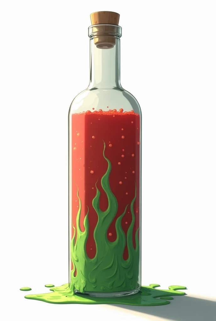 I want a cylindrical bottle with Poison fluids - BIO, The liquid is red that looks like veins with bright green hues like paste, I want in anime ,  jacket with white background 