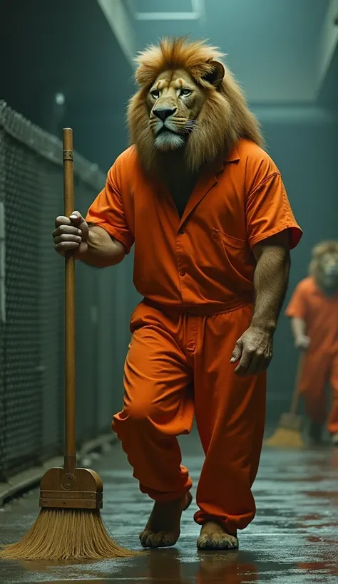 "Imagine a muscular lion prisoner standing upright like a human, wearing an orange prison jumpsuit that fits its strong frame. The lion holds a broom in one hand, carefully sweeping the floor with smooth, controlled movements, maintaining a sense of duty d...