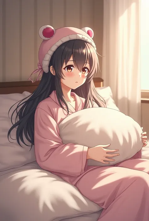 Beautiful Japanese girl with long hair wearing pajamas with a hat and holding a pillow and looking sleepy