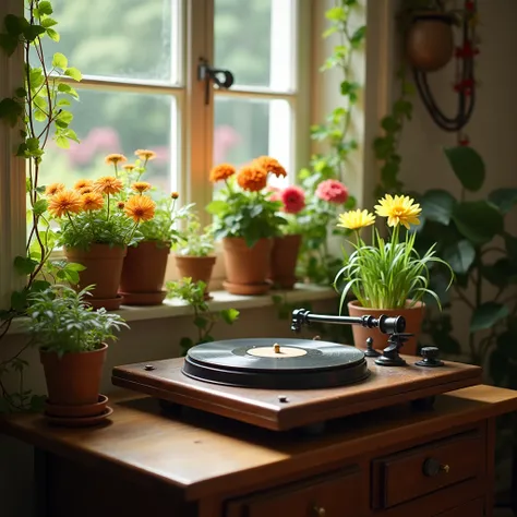 Create a visual connection, a vintage turntable where a turntable turns into a plant pot. Colorful flowers bloom around the turntable. The background is a room with soft sunlight and creeping plants around the window sill. The atmosphere is warm and refres...