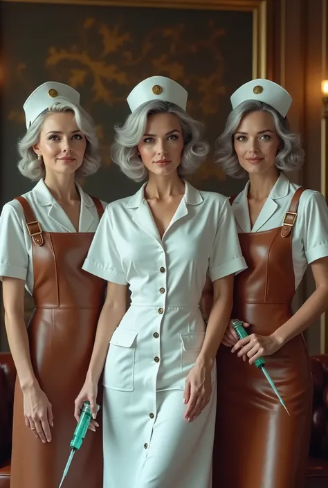 three nurses 40 years age with strict face similar of beauty celebreties, field with silver color hair with black highlights, two wearing totaly white nurse uniform of 1960 with buttons in center and the last 3 buttons left open, two have a brown leather a...