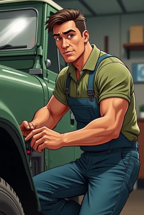  cartoon, Pixar, brown man,  dark brown hair ,  slightly slanted brown eyes,  chin marked , Peso 95kg, Fixing a Land Rover, sharp nose,  jeans and polo blouse