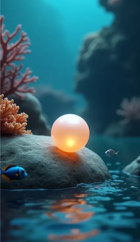 Close-up view of the glowing pearl rolling off the rock due to a soft underwater current. The smooth rock is surrounded by vibrant corals, and small fish swim nearby. The small blue fish looks surprised and quickly darts after the pearl, swimming through t...