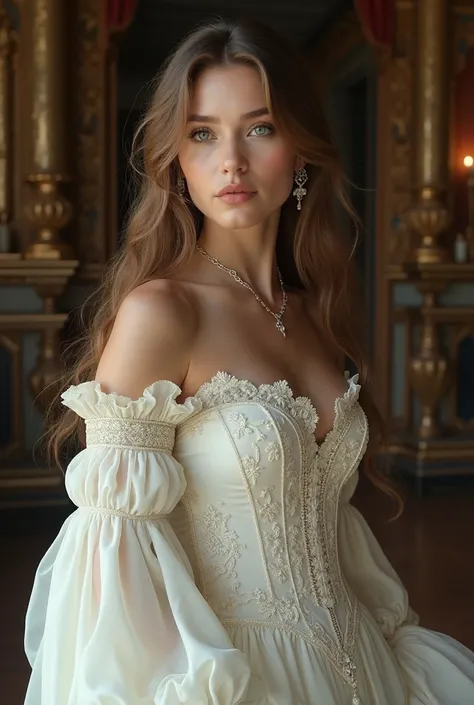 Beautiful woman, inspired by Alexandre Cabanel, beautiful long white dress, tudor style dress, russian white clothes, choker, renaissance, ultra high resolution, cinematographic