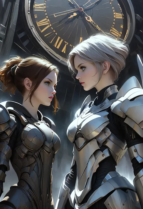 Two women in armor standing next to each other,  High Definition Surreal VFX ,  Inspired by Peter Lindberg by Steven James Petruccio, Light-colored 、Faded,  works that influenced Nikola Avlamov,  clock punk ,   Beautiful Face with Attention to Details  , b...