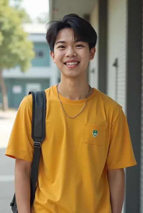 Realistic Portrait, Realistic, Natural Light , 17-year-old handsome Korean man , Wear a yellow shirt, shirt with short sleeves, carrying a bag, leaking in front of the school, smiling at the teeth