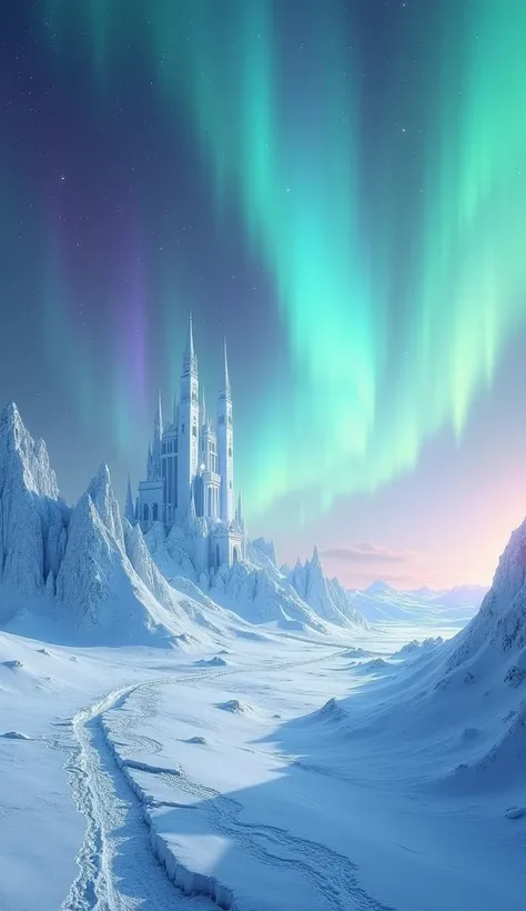  snowfields where iridescent auroras shine、An ice castle floating in the distance 