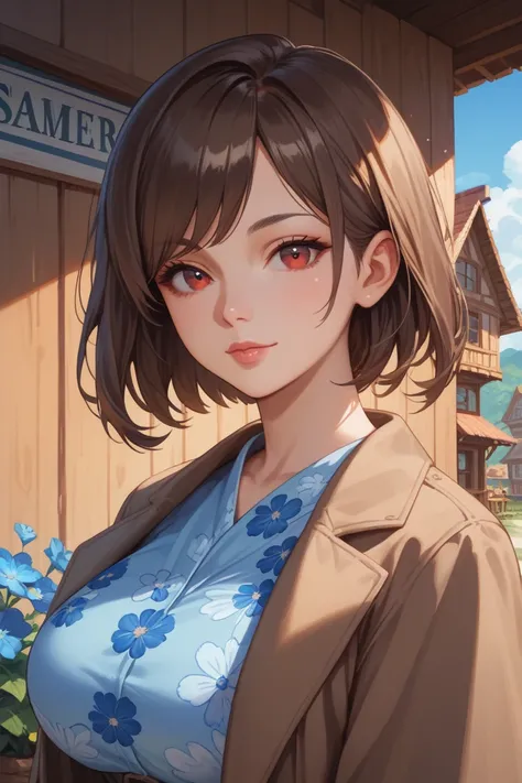 score_9, score_8_up, score_7_up,  1girl, summer, blue flower pattern one-piece, bob cut, brown hair, brown coat, large breasts, Guesthouse, coastal village, looking at viewer, medium hair, red eyes, solo, swept bangs, upper body, beautiful face,