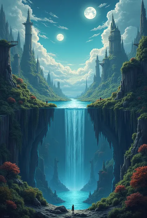 2 moons , un monde dans les cieux au paysages fantastiques qui serait en haut  et un monde dans les profondeurs qui serait en bas tout les deux étant reliée(dans un style ressemblant à made in abyss)