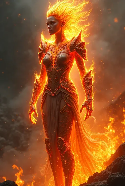 Elemental spirit made of fire,  female, wearing battle armor,  Ultra-detailed, Cinematic