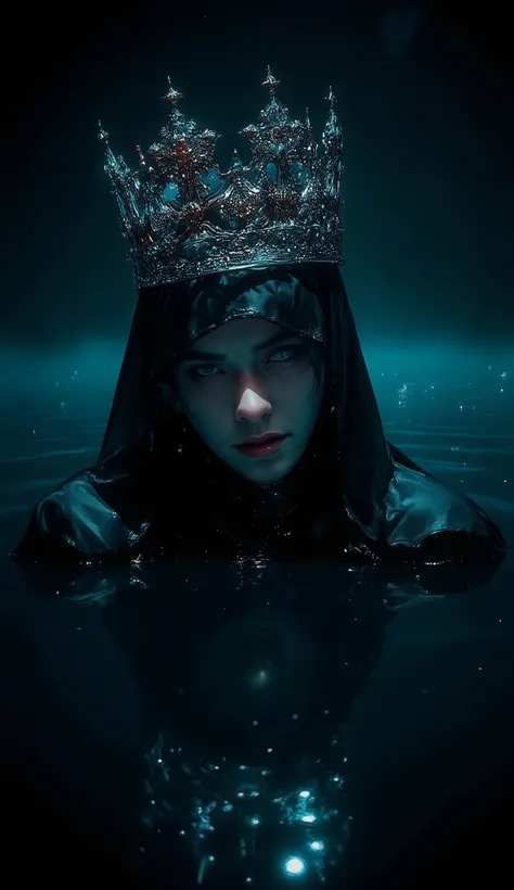 [Submerged Crowned King, a young prince, handsome, solemnly emerging from dark water, conveying a sense of mystery and foreboding], (for the dramatic lighting and figure rendering)], [Teal and black color palette, low-key lighting focusing on the crown and...