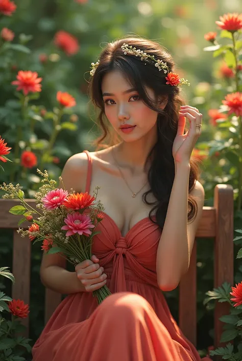 1 woman, beautiful detailed eyes, beautiful detailed lips, extremely detailed face, long eyelashes, beautiful light red dress, sitting on a bench, one hand behind head, holding a floral wreath, surrounded by lush flowers, greenery, (best quality,4k,8k,high...