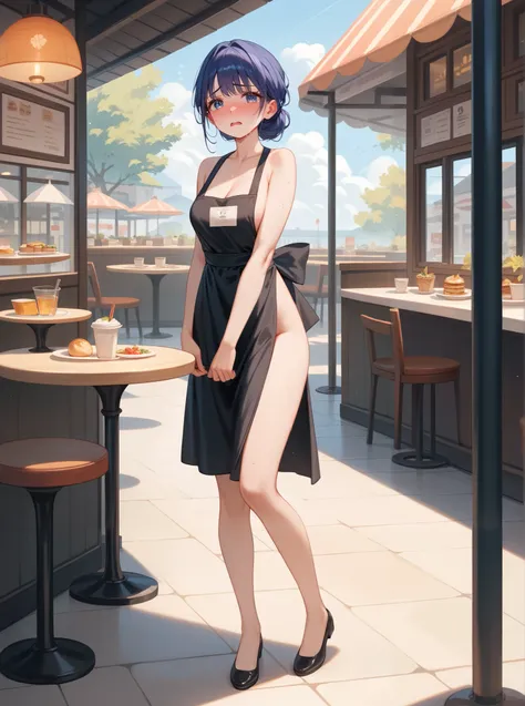 ((masterpiece)),
((best quality)), 
((high quality)), 
((ultra high res)), 
((female)), Blue hair, nude, sad, cry, bashfulness, blushed, full body, open mouth, ((eyes widen)), nervous sweating, in the cafe, look at viewer, waitress, Black apron