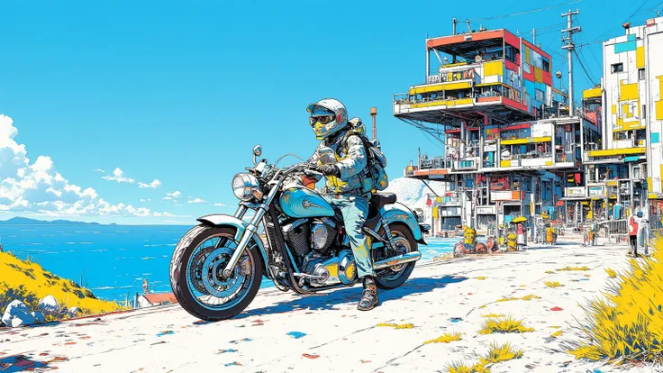  motorcycle drawing on Mallorca, looters ride motorbikes , Modernist architecture , modern architecture,  Sierra de Tramuntana mountains  , blue waters and white sands , beautiful beach, dmt Death of Ego ,  Highly detailed fantastic art , , DMT Art,  DMT E...