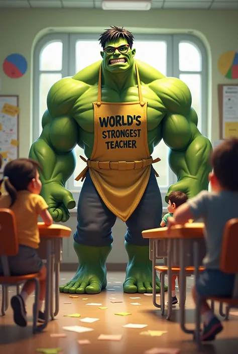 A chaotic kindergarten classroom with s running around. Hulk is wearing a tiny pair of glasses and an apron that says, “World’s Strongest Teacher.”