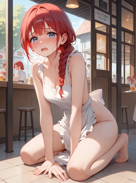 ((masterpiece)),
((best quality)), 
((high quality)), 
((ultra high res)), 
((female)), red hair, nude, sad, cry, bashfulness, blushed, full body, open mouth, ((eyes widen)), nervous sweating, in the cafe, look at viewer, waitress, White apron