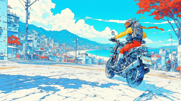  motorcycle drawing on Mallorca, looters ride motorbikes , Modernist architecture , modern architecture,  Sierra de Tramuntana mountains  , blue waters and white sands , beautiful beach, dmt Death of Ego ,  Highly detailed fantastic art , , DMT Art,  DMT E...