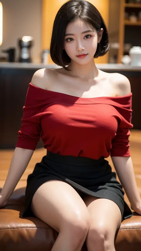 ( surreal ,32K, RAW photo:1.1),( highly detailed skin:1.1), 8K UHD, dslr, High quality,  film grain , (makeup, Mascara:1.1), Clear color correction ,  Korean 20 year old girl,  straight short black hair, ( red eyes:0.9),  off-shoulder red shirt,Black skirt...