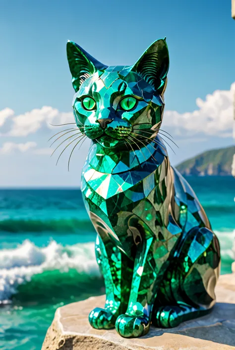 Make a stone statue of a cat with emerald eyes, create a full-body side view image similar to this cat, and set the background as an ocean. Generate a 4K photo-like image.

