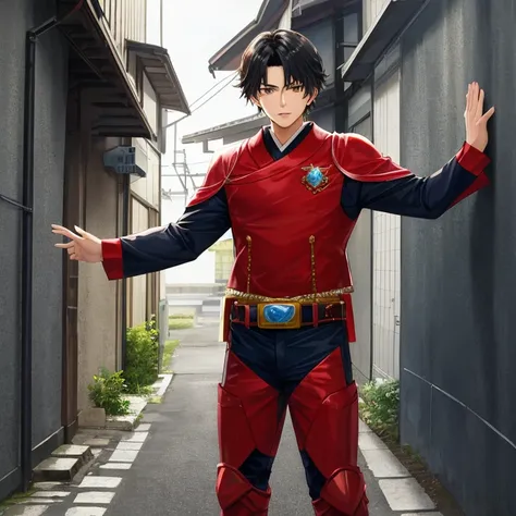 in a alley, cool handsome face japanese man beautiful young 18 year old, idol kei hen, sentai hero, shiny sentai heroesuit, brawny, long height, mussed hair, cornered and pressed up against the wall sentai hero, hands raised in surrender