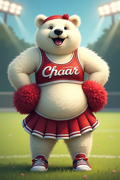 photorealistic portrait of Dressed animals - a ((fat)) (polar bear) cheerleader,(art by Carne Griffiths:1.2),(full body image:1.3), (hands on hips:1.5),(furry), (happy smile:1.5),high quality,(lovely) , highly detailed cute  top with team logo ,intricate d...