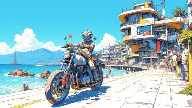  motorcycle drawing on Mallorca, looters ride motorbikes , Modernist architecture , modern architecture,  Sierra de Tramuntana mountains  , blue waters and white sands , beautiful beach, dmt Death of Ego ,  Highly detailed fantastic art , , DMT Art,  DMT E...