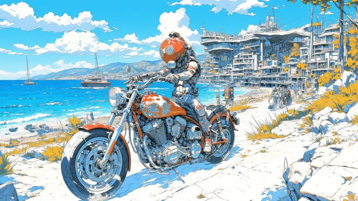  motorcycle drawing on Mallorca, looters ride motorbikes , Modernist architecture , modern architecture,  Sierra de Tramuntana mountains  , blue waters and white sands , beautiful beach, dmt Death of Ego ,  Highly detailed fantastic art , , DMT Art,  DMT E...