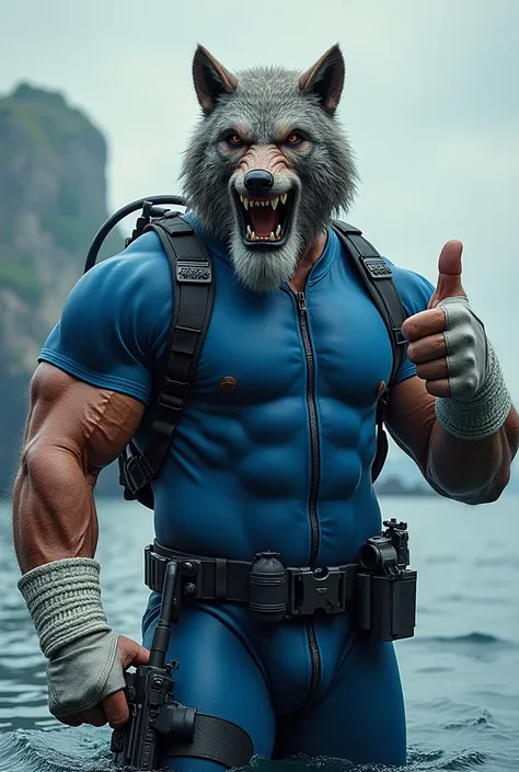 (A rugged beefy extremely muscular bulky old man), (wearing blue zipper wetsuit), (wearing realistic roaring wolf mask), thumbs up,  wearing bulky scuba gear, muscular physique, toned muscles, fierce, heroic, action, comic artstyle, bulky best quality, wea...