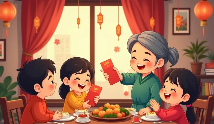 A cozy family gathering in a traditional Chinese-style home, with a smiling grandmother handing out red envelopes to cheerful ren. The room is adorned with Chinese New Year decorations like couplets, lanterns, and a festive dinner table filled with delicio...