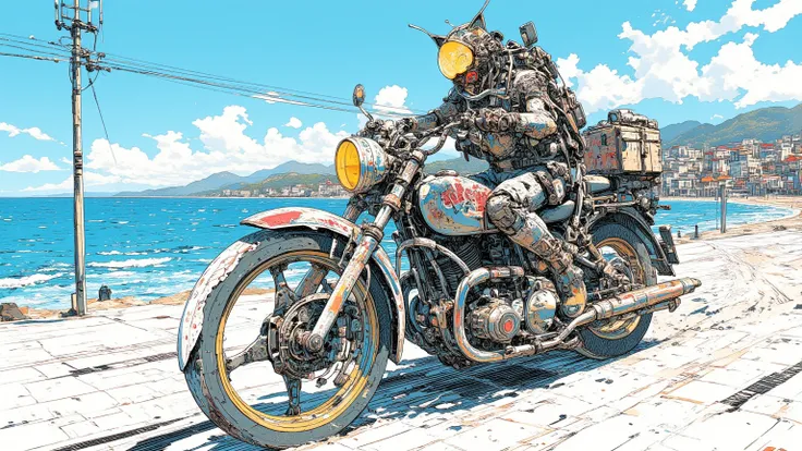  motorcycle drawing on Mallorca,Crazy Marauders Ride Motorbikes, Modernist architecture , modern architecture,  Sierra de Tramuntana mountains  , blue waters and white sands , beautiful beach, dmt Death of Ego ,  Highly detailed fantastic art , , DMT Art, ...