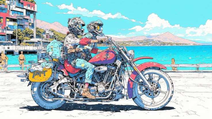  motorcycle drawing on Mallorca,Crazy Marauders Ride Motorbikes, Modernist architecture , modern architecture,  Sierra de Tramuntana mountains  , blue waters and white sands , beautiful beach, dmt Death of Ego ,  Highly detailed fantastic art , , DMT Art, ...