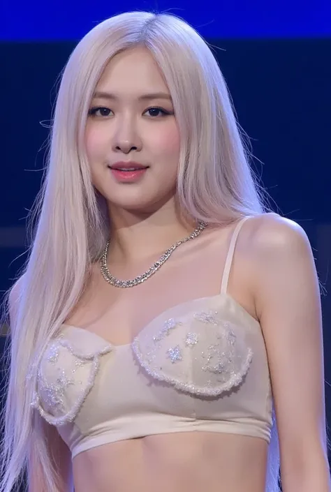 1girl solo, cowboy shot,  korean girl, 20 yo, highres, silver necklace, solo, , singer, stage, concert hall, long platinum hair, eye smile,lips smile,{beautiful and detailed eyes},sexy expression, very slim body, large natural breast, vulva, ,full_body,nud...