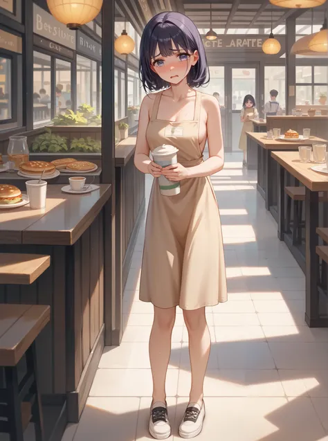 ((masterpiece)),
((best quality)), 
((high quality)), 
((ultra high res)), 
((female)), Black hair, nude, sad, cry, bashfulness, blushed, full body, open mouth, ((eyes widen)), nervous sweating, in the cafe, look at viewer, waitress, beige  apron