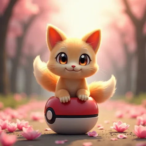 3D Animation. Dans une Pokeball.  Un chat brun très clair avec le cou et le bout de la queue beige mélangé au Pokemon Evoli. Il a les yeux très clair et brillant. There are Sakura flowers. Proche du spectateur. Dans une foret 